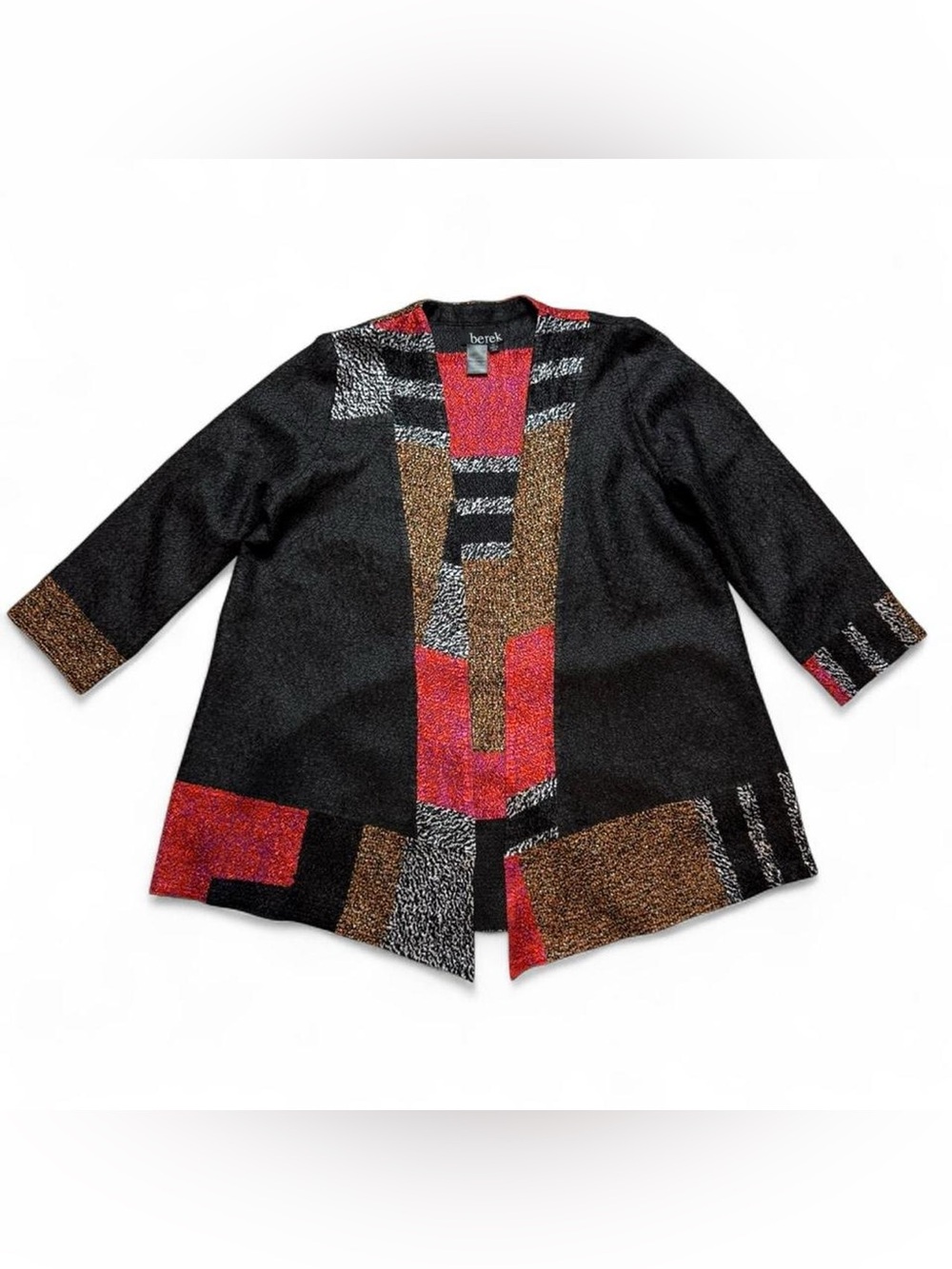 Berek Vintage Textured Open Front Cardigan Black Red Abstract Artsy Women’s M